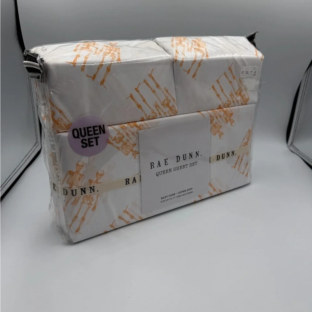 Rae Dunn White Sheet Set with Orange Skeleton Print - Queen